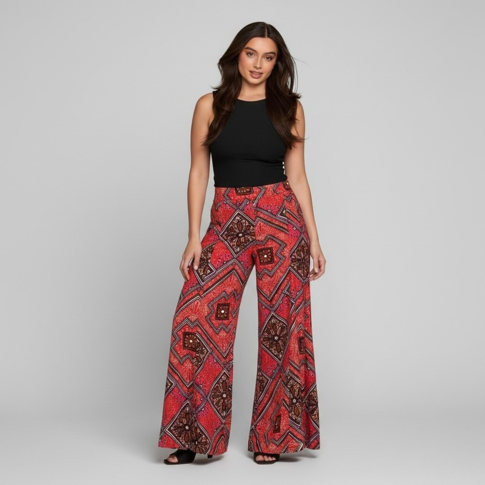 Anthropologie Red Geometric Floral Print Wide Leg Palazzo‎ Pants Sz 10 High Rise